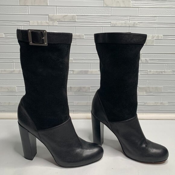 Rachel Zoe Claudia Black Leather and Slouched Suede Mid Calf Boot - Picture 3 of 9